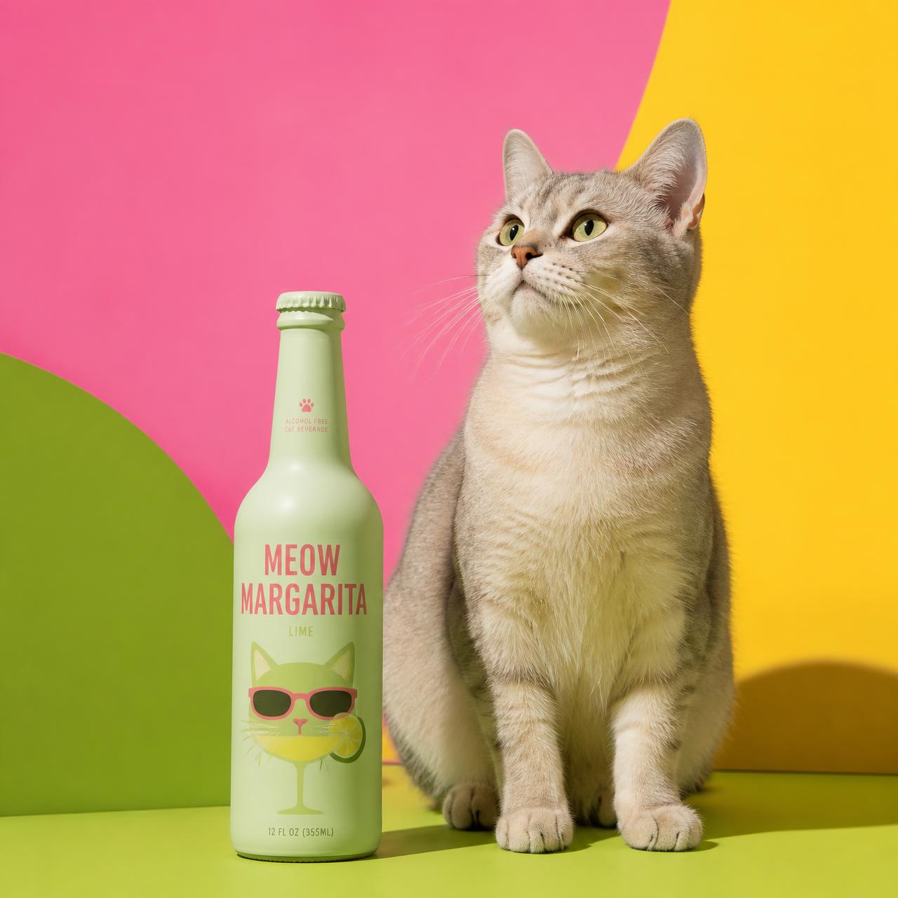 A cat sitting next to a pastel bottle of Cat Soda